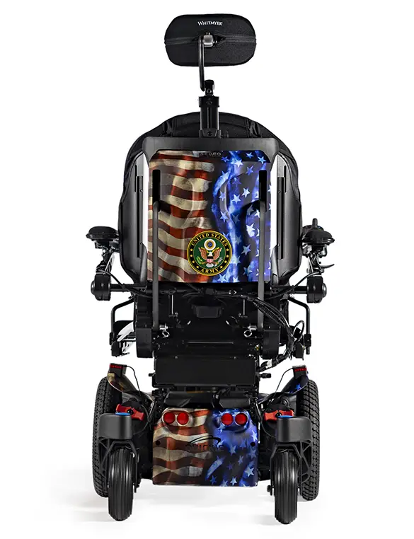 Power wheelchair with American flag shroud pattern