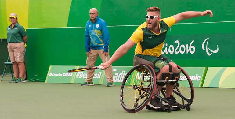 Wheelchair tennis being played at the 2016 Rio Paralympic Games