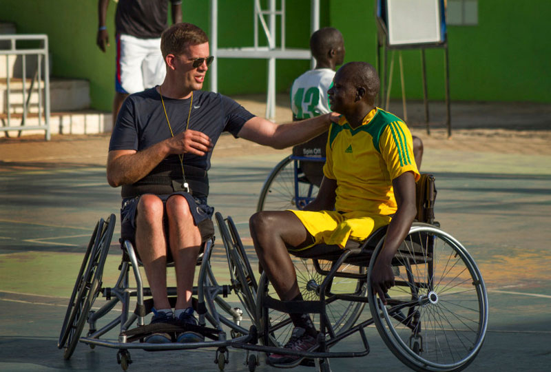 Jess Markt teaching wheelchair basketball in South Sudan